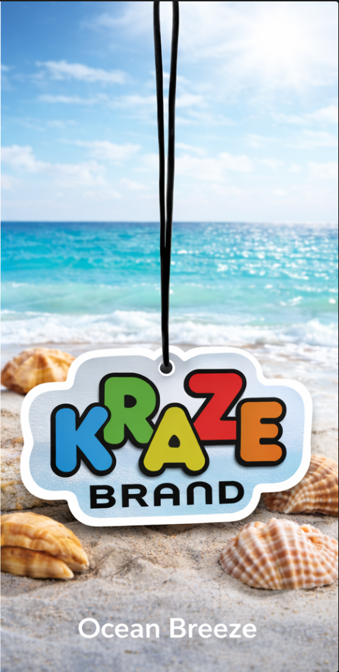 Air freshener with 'KRAZE BRAND' logo on a beach background