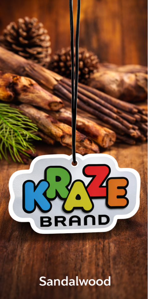 Sandalwood air freshener with 'Kraze Brand' logo on a wooden background