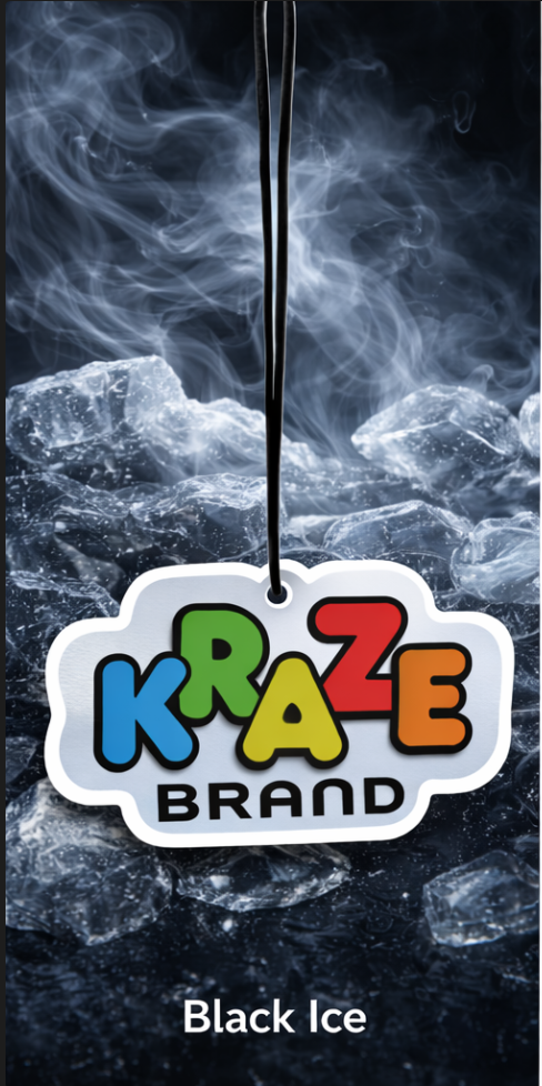Kraze Brand logo with colorful text on a black ice background
